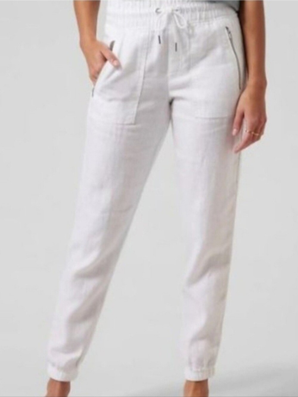 Athleta 100% Linen,White Cabo Tide Jogger Pants Drawstring Lightweight.